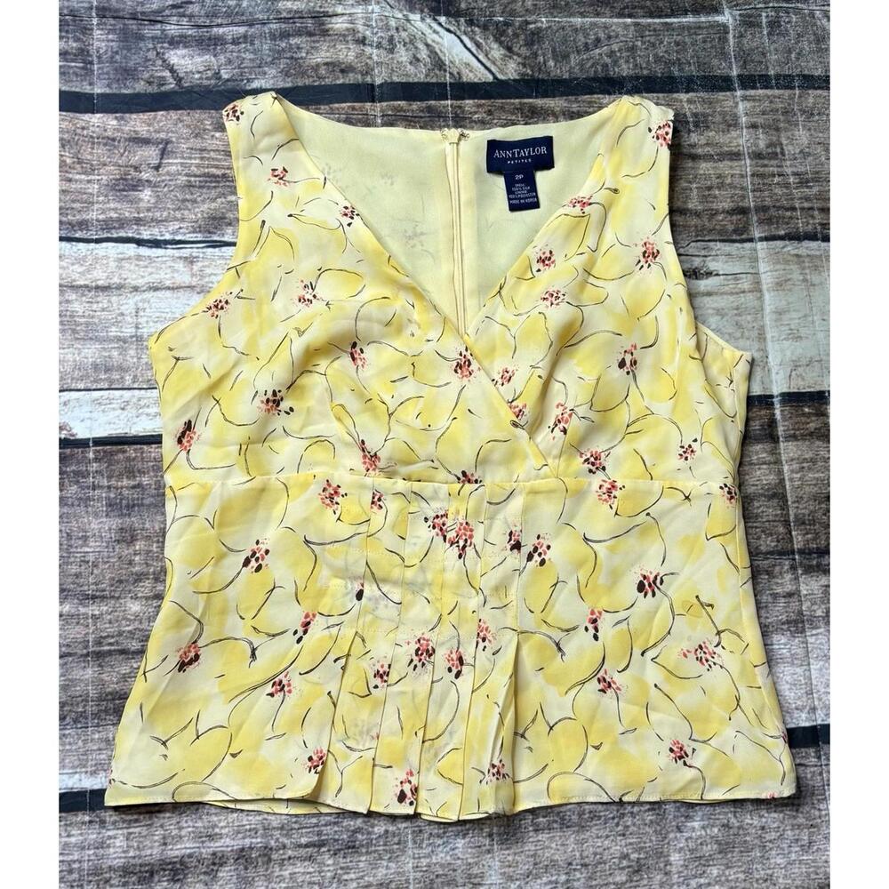 VTG Ann Taylor Silk Top Women's Size 2P Yellow Floral Tulle Cross Front
